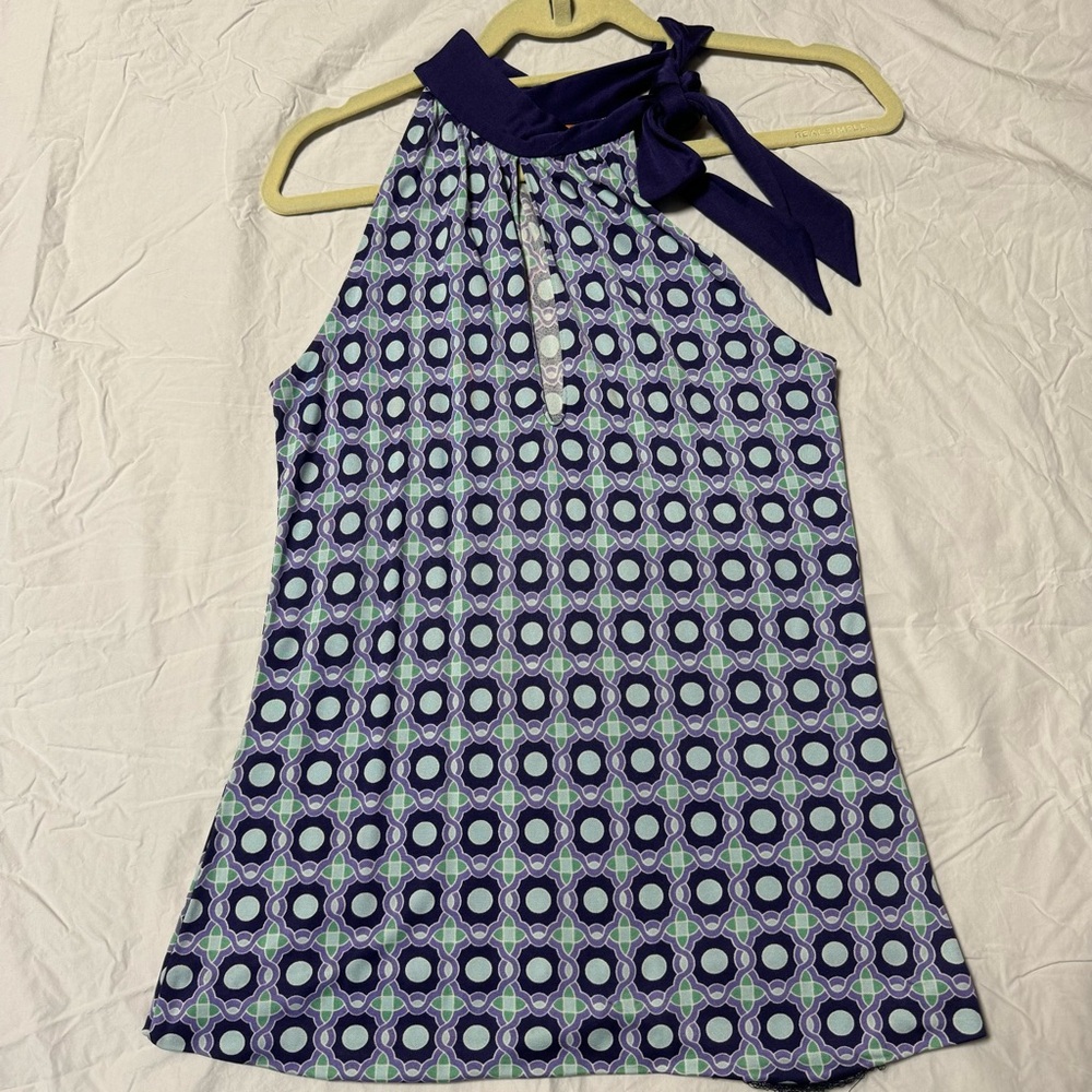 Purple and green pattern Tory Burch tie around the neck , sleeveless top